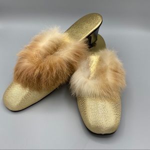 Vintage gold fur heel mules shoes 6